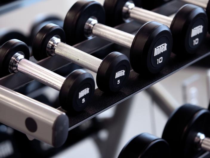 close-up of rack of free weights