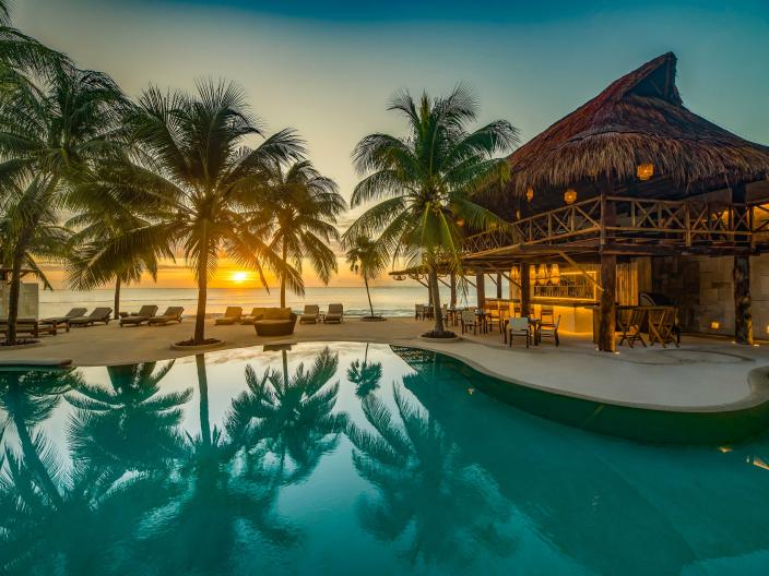 pool with hatched roof building and palm trees