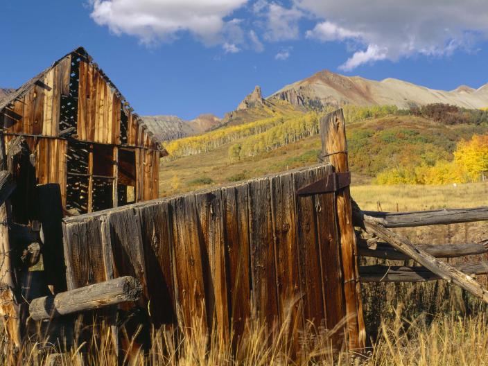 wooden structure in the middle of a green and yellow pasture