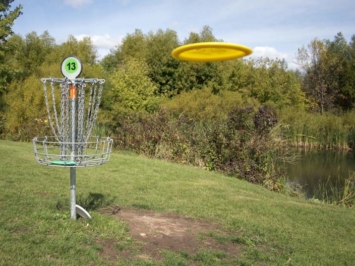 yellow frisbee thrown towards a disc golf goal