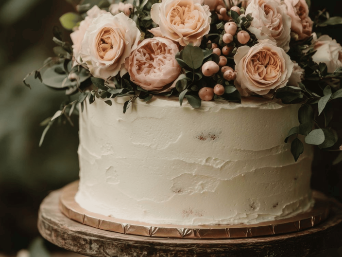 A wedding cake with flowers on top