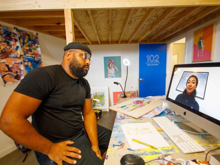 Artists Charles Philippe Jean-Pierre and Kendall Robinson converse over video chat