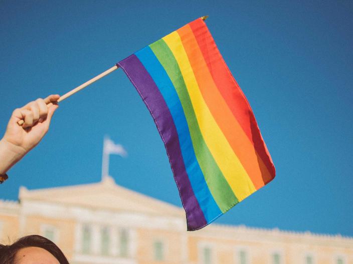 A person waving a pride flag at the pride parade near Viceroy Zena Washington DC