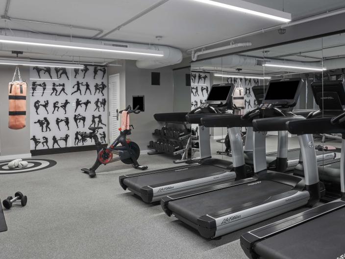 An empty gym with treadmills, free weights, punching bag, and a bike at Viceroy Zena Washington