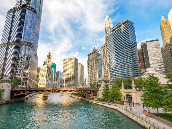 view of Chicago river and surrounding buildings in downtown area 