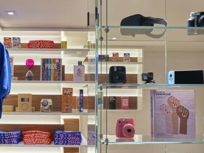 glass shelves of retail items