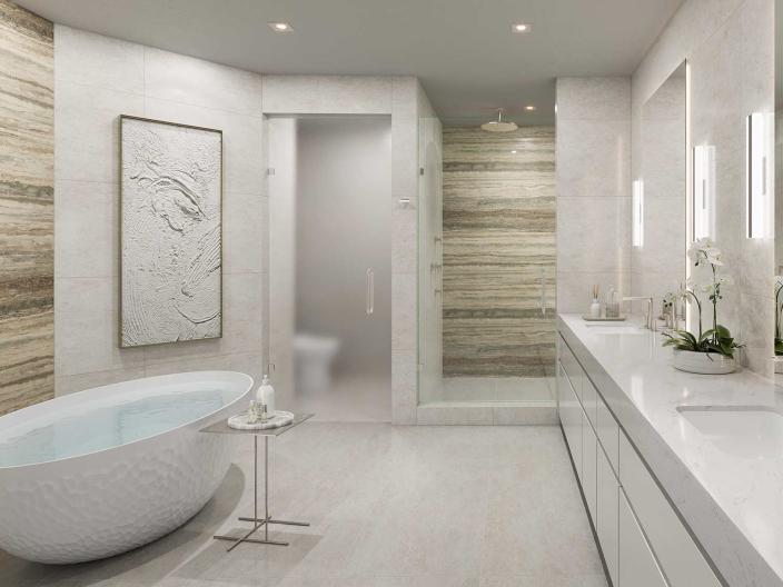 Salle de bains moderne et luxueuse, équipée d'une baignoire îlot, d'une douche vitrée et d'un meuble-lavabo double.