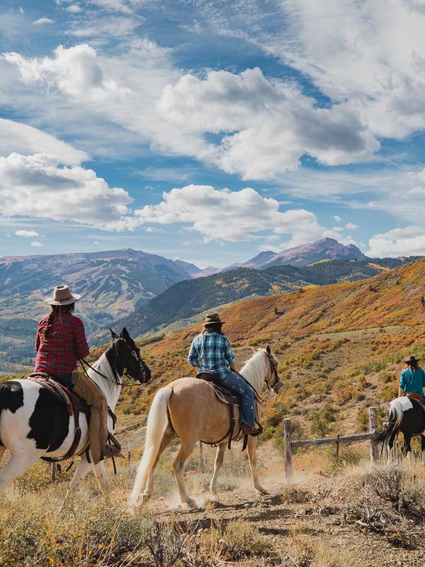 group of people on horseback ride through mountainous trails