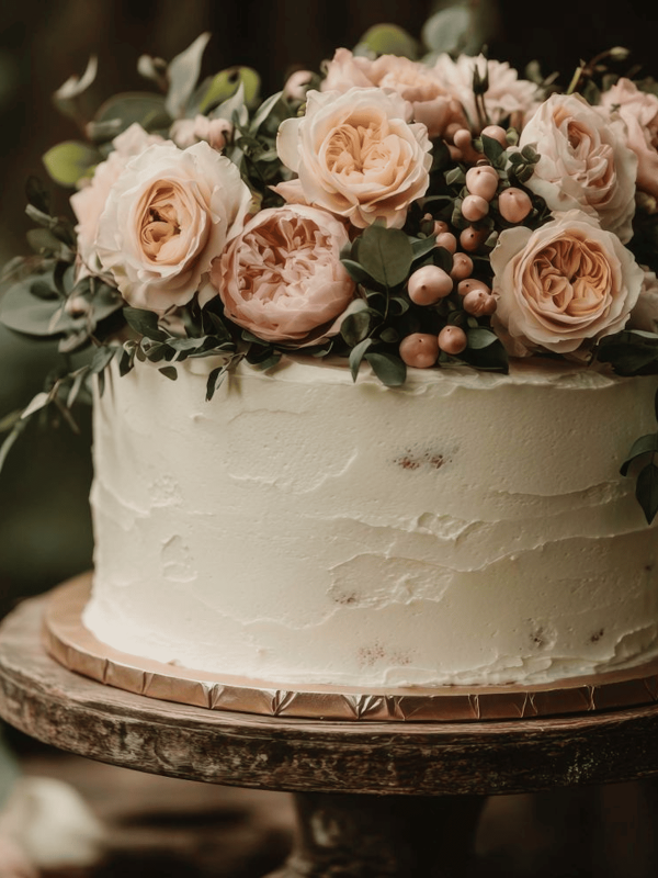 A wedding cake with flowers on top