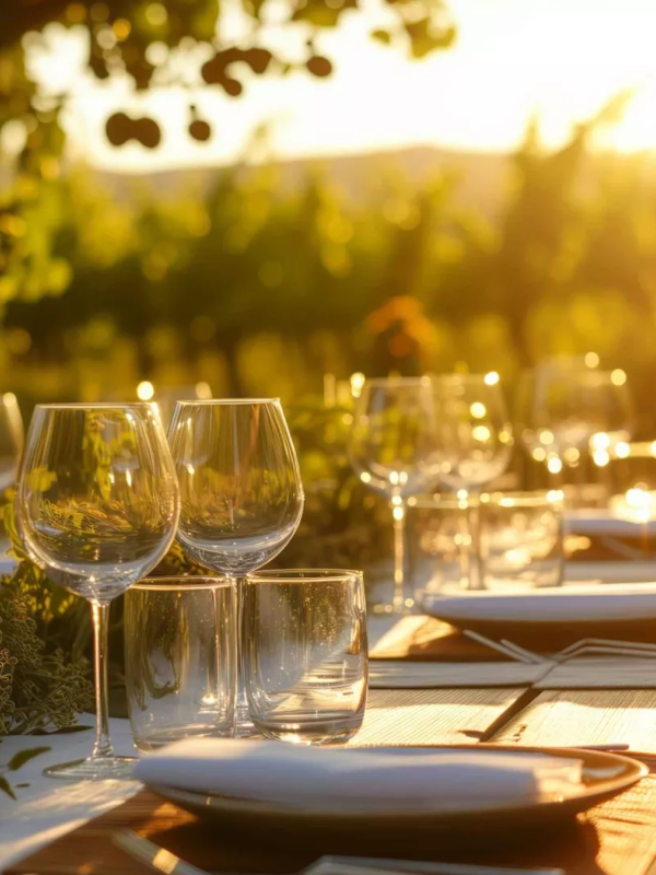 A table set up with wine glasses, plates, and utensils at sunset for a function at Ombria Algarve