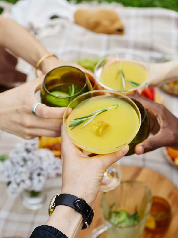 Três amigos a brindar com os seus cocktails numa manta de piquenique