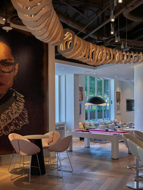 A pixellated portrait of Ruth Bader Ginsburg in the dining room at Hotel Zena's Figleaf restaurant