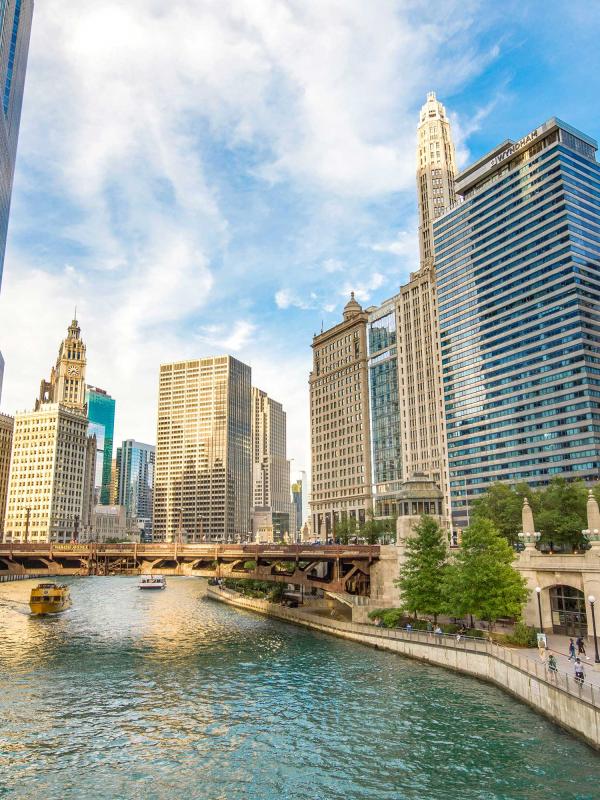 view of Chicago river and surrounding buildings in downtown area 