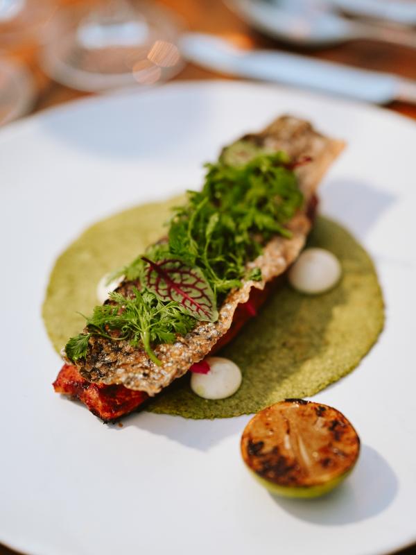 Plat gastronomique composé de poisson à la peau croustillante aux herbes fraîches, posé sur une purée verte, accompagné de cuillerées de crème blanche et d'une tranche de citron vert grillée.