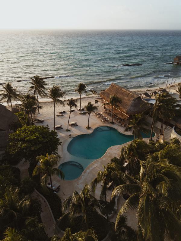 Vue aérienne d'un complexe hôtelier tropical avec une piscine de forme libre, des palmiers et l'océan.