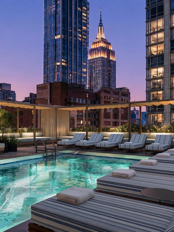 Une piscine sur le toit, bordée de transats rayés, donne sur les gratte-ciel illuminés de New York au crépuscule.