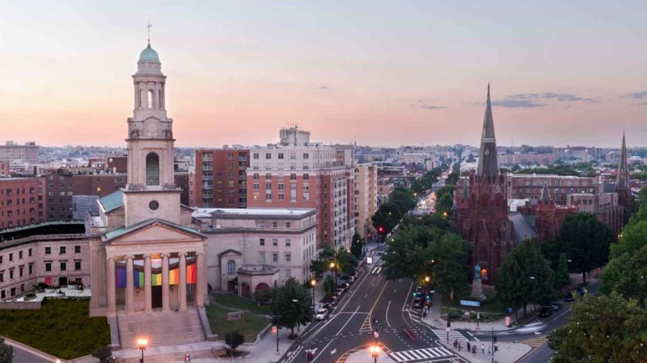 An aerial view of a roundabout in Washington DC