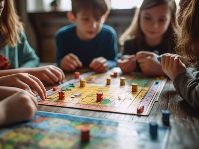 group of children sit around a table playing a board game
