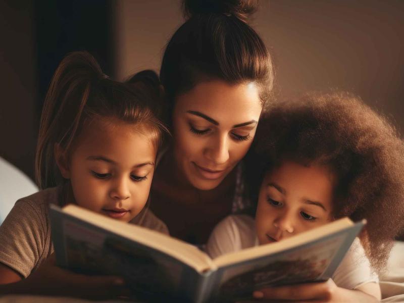 family of three read a book