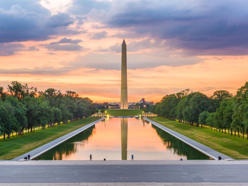 O National Mall em Washington, DC, ao pôr do sol