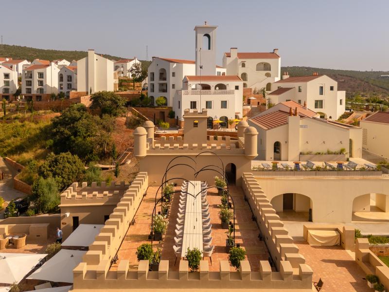 Aerial view of Viceroy's Ombria Algarve Resort with the Casa E Fora Terrace front and centre.